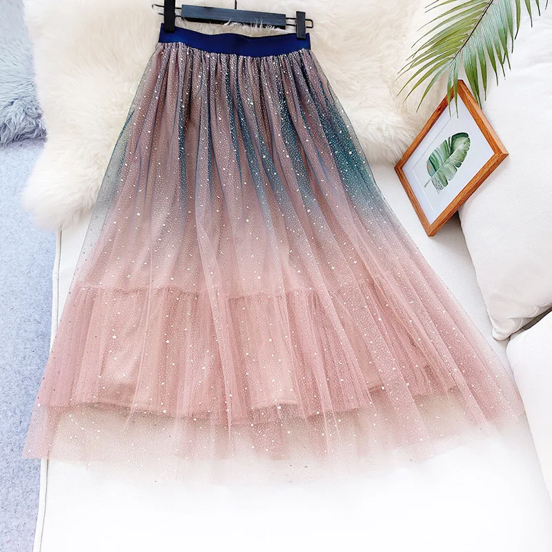 LANMREM Spring And Summer Fashion Trend New Women High Elastic Loose Waist Gradient Star Skirt TC031