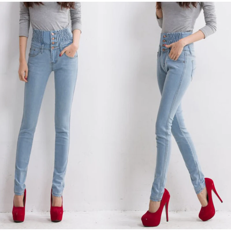 Весенние джинсы с высокой талией, женские брюки-карандаш с эластичной талией, однобортные брюки для женщин, большие размеры, летние женские леггинсы