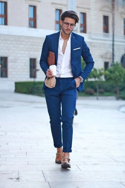 de boda Blazer azul con pantalones blancos, Terno inteligente, esmoquin ajustado, chaqueta Graduación|Trajes| - AliExpress