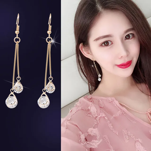 Women Long Dangle earrings Elegant gold sliver Drop Ear Hook Temperament Crystal Wild Earrings