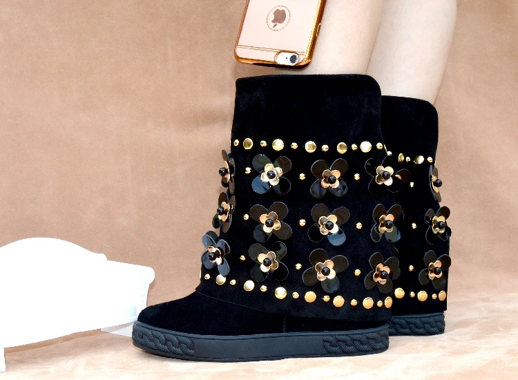 Daim Hauteur Noir Embelli Femmes Cheville Wedge D'hiver Dernière En Bottes Clouté Croissante Pour Floral Caché Svonces qCYwO0f
