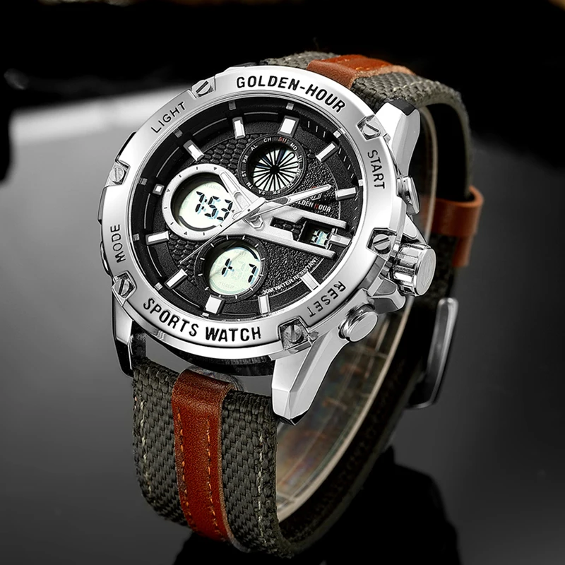 

GOLDENHOUR Luxury Brand Waterproof Military Sport Watches Men Nylon Strap Digital Quartz Analog Watch Clock Relogios Masculinos