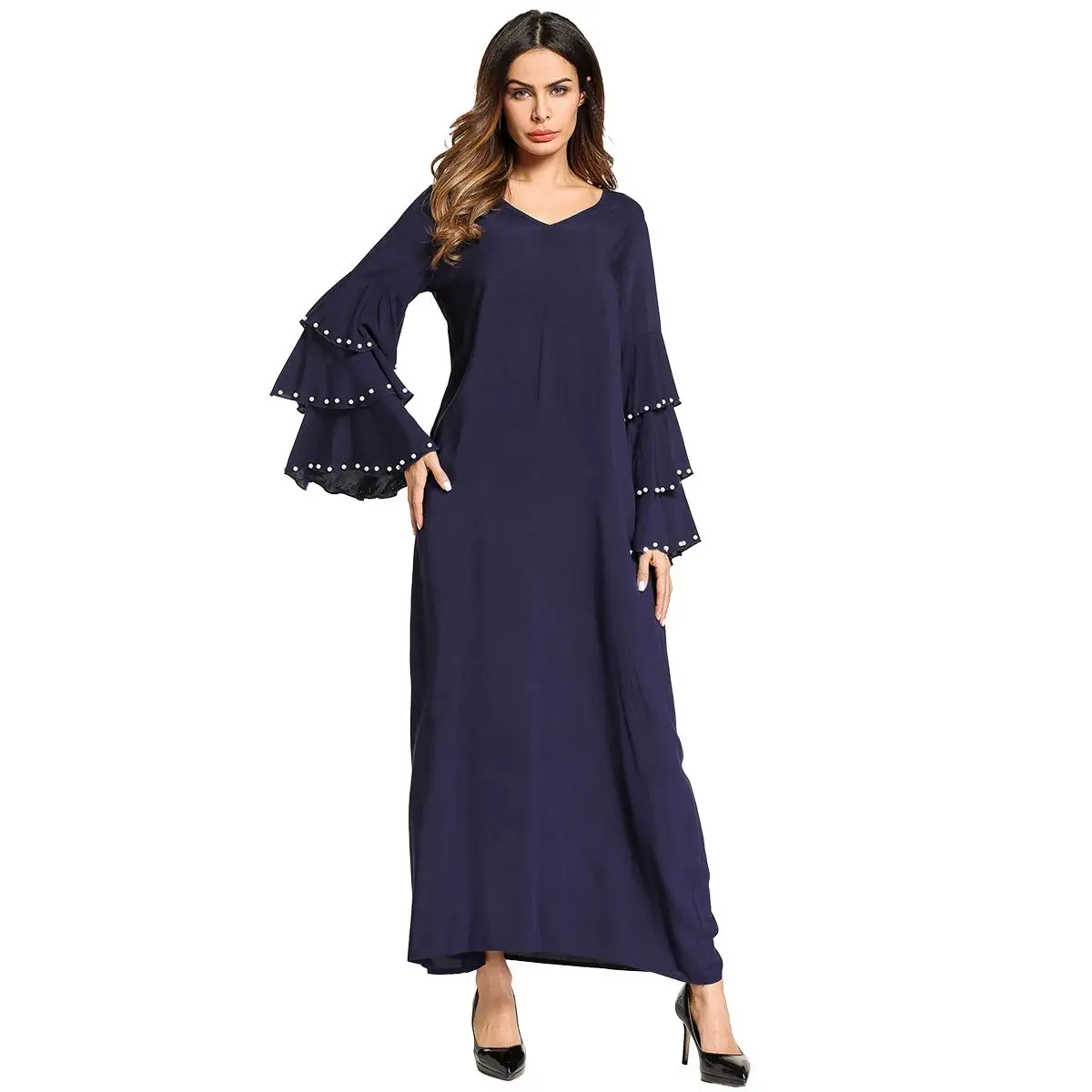 

Women Muslim Solid Pearl Beading Cascading Ruffles Long Sleeve Maxi A-Line Long Dress Robes Ramadan Middle East Female