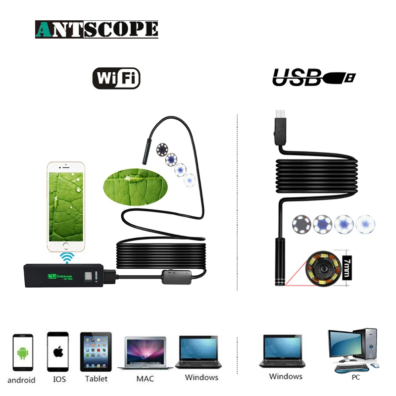 

Antscope Wifi 8mm Endoscope 2/3.5/5/10M Waterproof Endoscope Camera1200P Android iOS 7mm Softwire USB Inspection Borescope 19