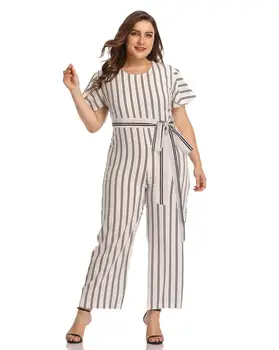 

2019 Women Slim striped O Neck long jumpsuit Summer sashes short sleeve overalls Plus Size office ladies jumpsuits romper