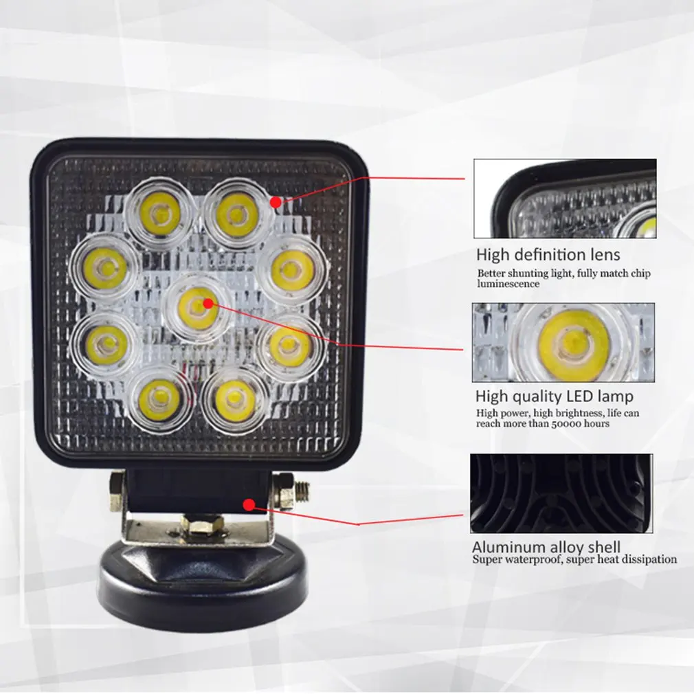 

27W LED DRL Car Truck Working Light Waterproof Square Light Super Bright Spotlight for Off-road Car Motorcycle