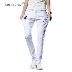 ABOORUN мужские белые узкие джинсы-карандаш эластичные джинсы с принтом корейские городские джинсовые брюки для мужчин R382