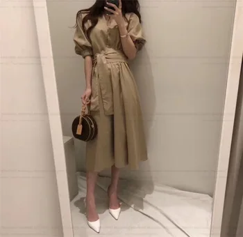 

Korean Style Women Dress Knee-length Puff And Half Sleeve V-neck Vestido With Sashes Vestidos Casual Womens Dresses