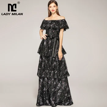 

Women's Runway Designer Dresses Slash Neckline Tiered Ruffles Embroidery Party Prom Sequined Hollow Out Fashion Long Dresses