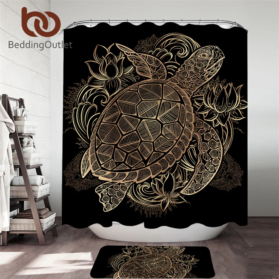

BeddingOutlet Turtles Shower Curtain Set Animal Golden Bathroom Curtain Flower Lotus Bath Mat Carpet Luxurious Home Decor 2pcs