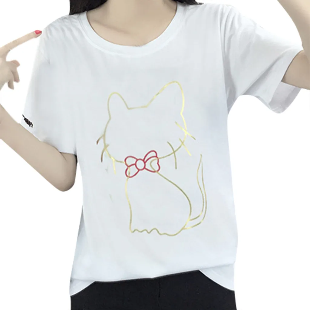Women Blouse 2019 Womens Ladies Regular Short Sleeve Round Neck Cat Printing Blouse