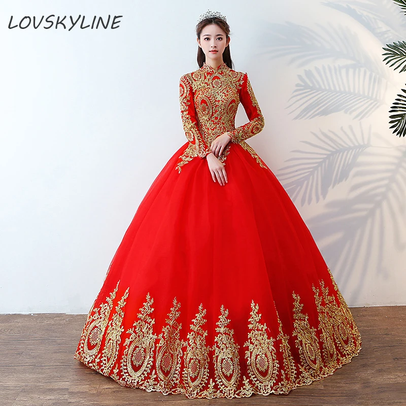 

2018 Vintage Embroidery Lace Red Wedding Dresses Floor length Plus Sizes Ball Gown Robe de Mariee Vestido De Noiva