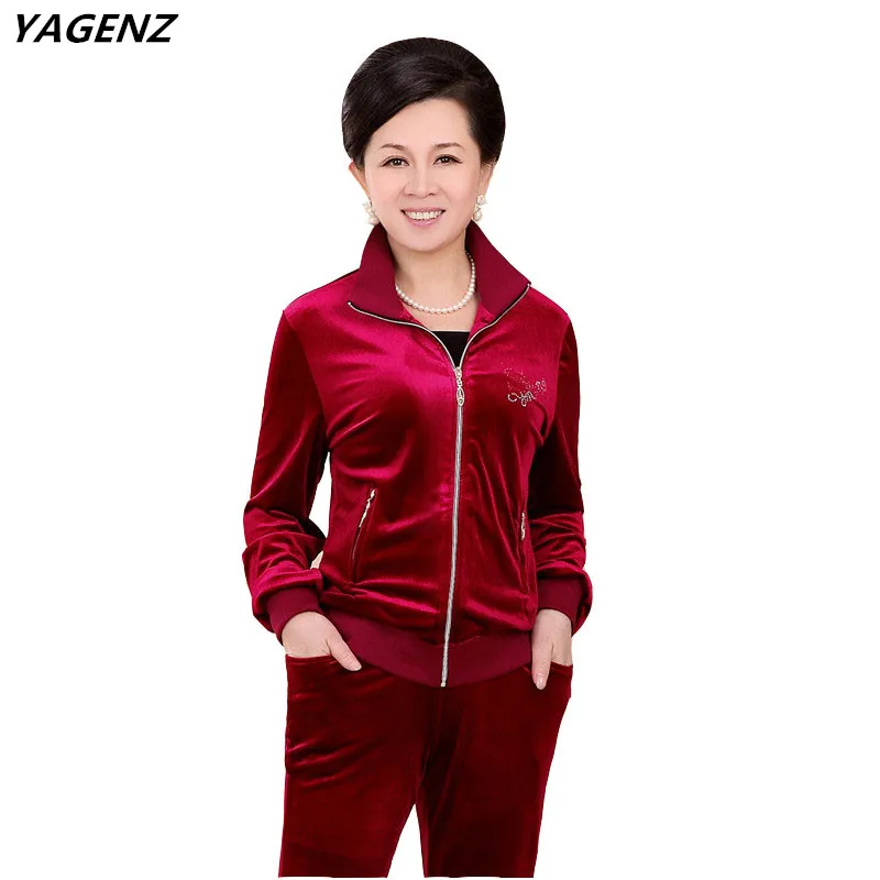 

Fashion Middle aged Lady Sets Spring Velvet Tracksuits Two piece set Mother Casual Wear Plus Size 5XL Female Suits Pants Set 569