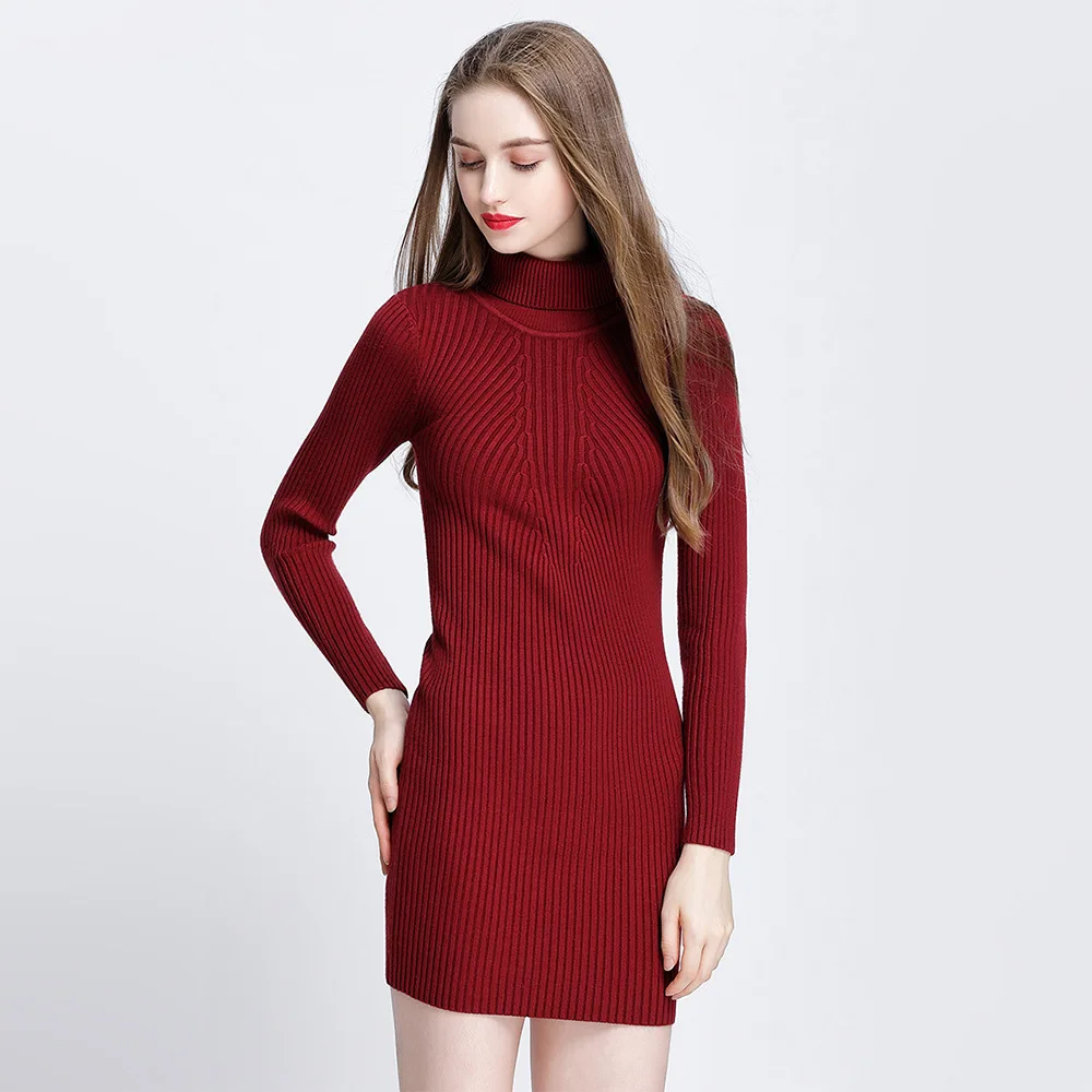 

Winter Warm Women Sweater Casual Elastic Cotton Long Sleeve Sweater Dress Sexy Turtleneck Pullovers Women Knitted Dress Vestidos