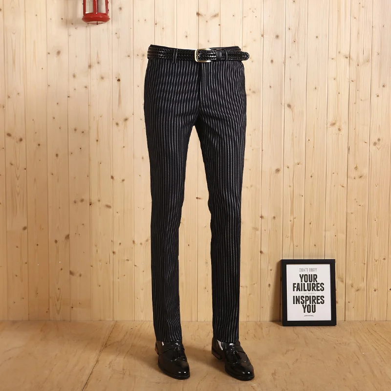 

High Quality 2017 Men Autumn Winter Warm Blue Super Slim Stripe Formal Suits Long Pants Fashion Business Wedding Groom Pant