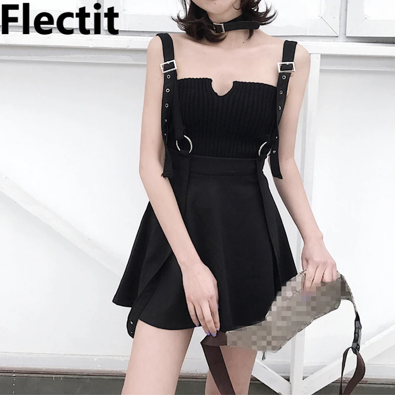 

Flectit Goth Punk Style Little Black Dress with Buckle Straps O Ring High Waist Pleated Short Dresses Gothic Party Night Outfit