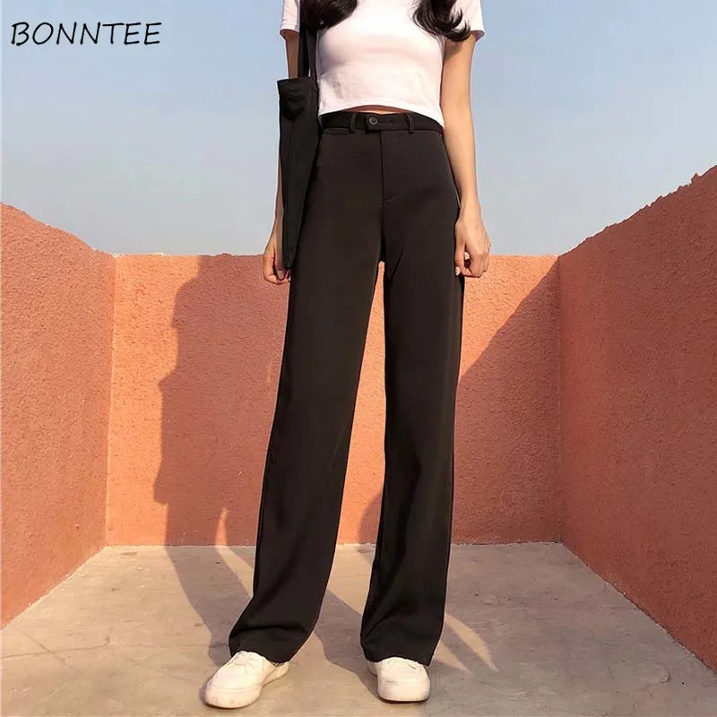 

Pants Women High Waist Full-length Solid Retro Button Fly Womens Wide Leg Trousers Chic Korean Style Ladies Elegant Loose Soft