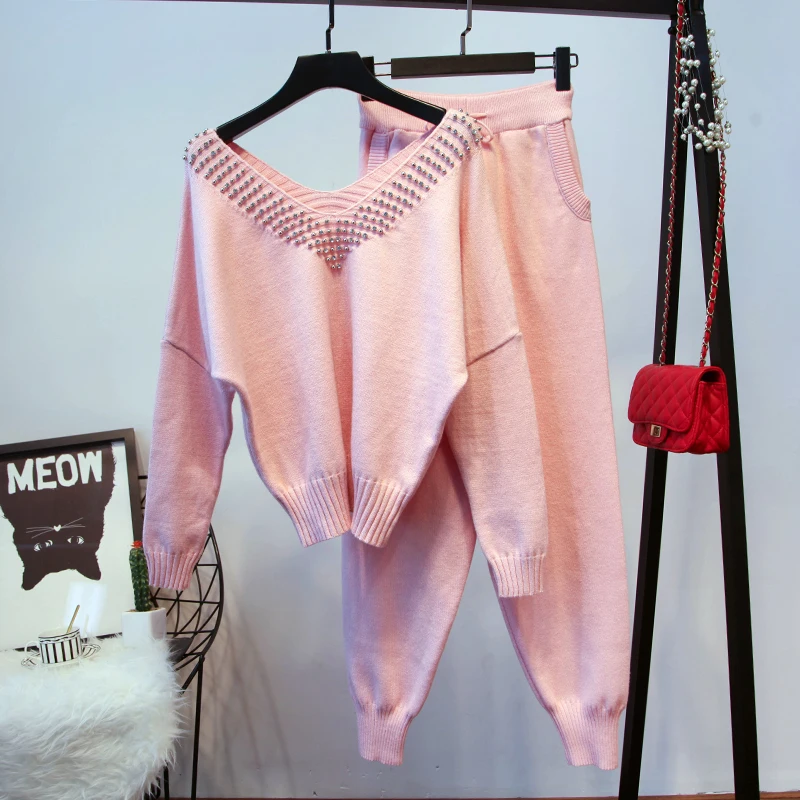 ALPHALMODA 2018 Autumn Winter Women's V-collar Beaded Fashion Knit Tracksuit Pocket Pants Stylish Studded Collar Knitting Sets