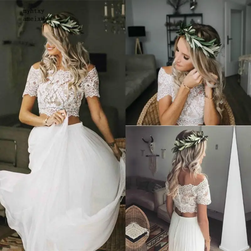 Arabic Sexy Cheap Wedding Dress Two Pieces Boho Short Sleeves Chiffon Flowing Bohemian Beach Dresses Crop Tops Plus Size