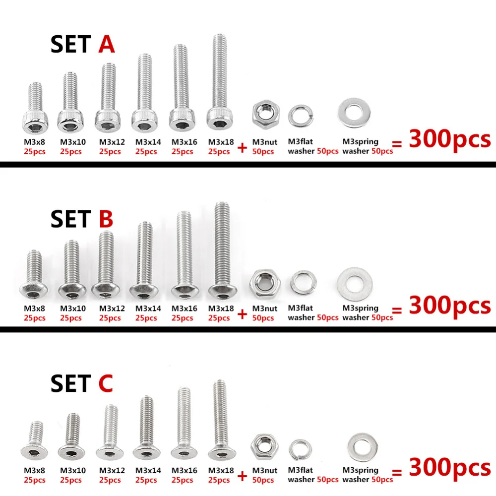 

300pcs/set M3 Wood Screws Hex Socket Screws Bolt Hex Nuts Washer Assortment Kit Hardware Fastener Woodworking Tools
