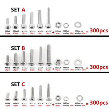 

300pcs/set M3 Wood Screws Hex Socket Screws Bolt Hex Nuts Washer Assortment Kit Hardware FastenerHex Socket Button Head Allen