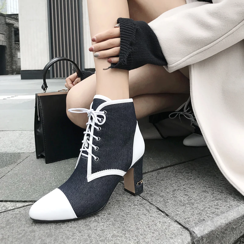 

Luxury brand new winter ankle boots women high heel shoes cow leather denim mixed color metal decoration women ankle boots mujer