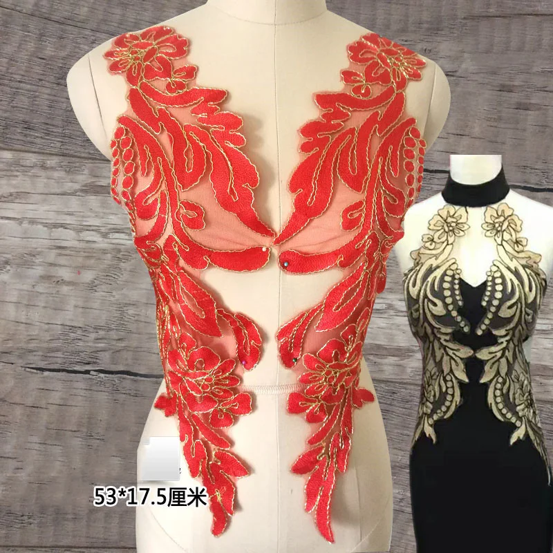 

Large Applique Bridal front lace Appliques Embroidery Floral Lace Trims for Prom Dress Ballgow patches 1pair 53cm*17.5cm