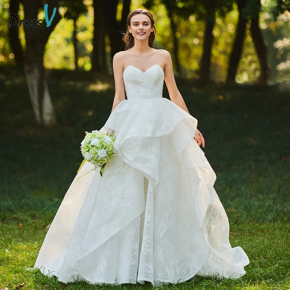 

Dressv ivory wedding dress sweetheart neck ruffles lace bridal sleeveless outdoor&church backless ball gown wedding dresses