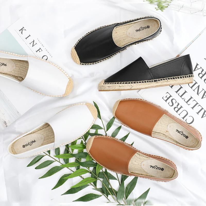 Женские эспадрильи на плоской подошве из натуральной кожи|slip on|fashion espadrilleswomen flat |
