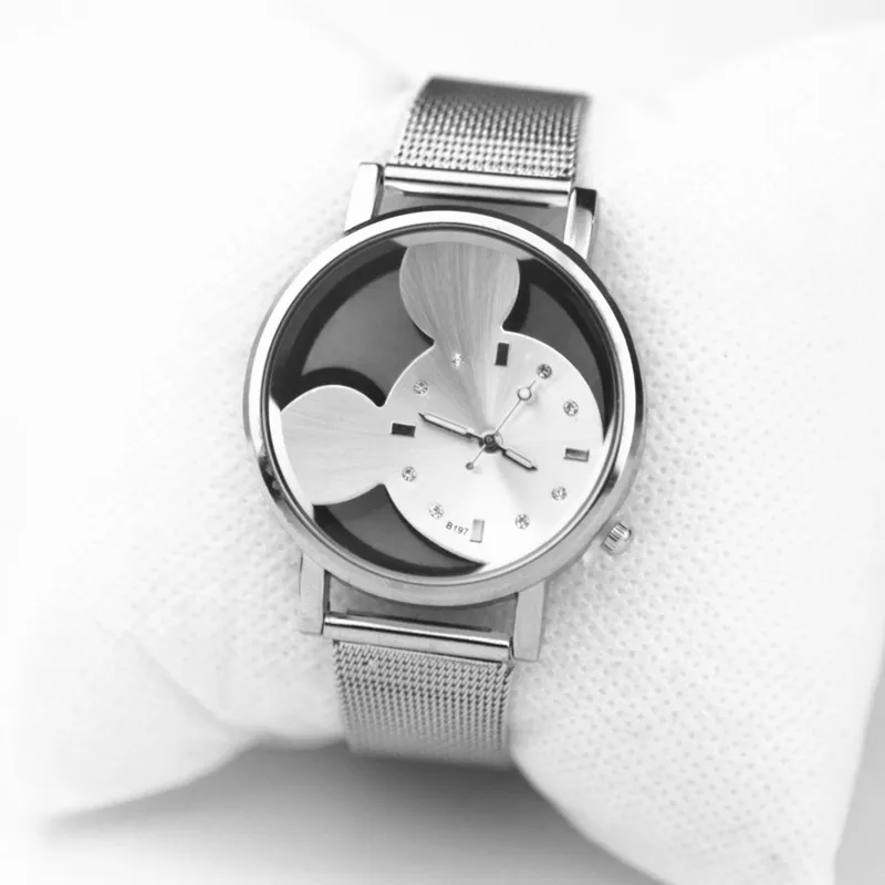 Montres femmes модные женские часы Микки с прозрачным полым циферблатом кварцевые повседневные наручные часы с ремешком-сеткой из нержавеющей стали горячий подарок - Цвет: Белый