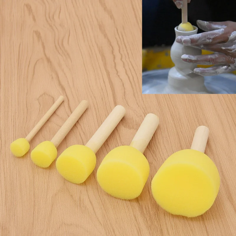 

5Pcs/lot Wooden Handle Ceramic Sponge Rod Set Of Water Absorbing Sculpture Bloom DIY Pottery Arts Tools Supplies