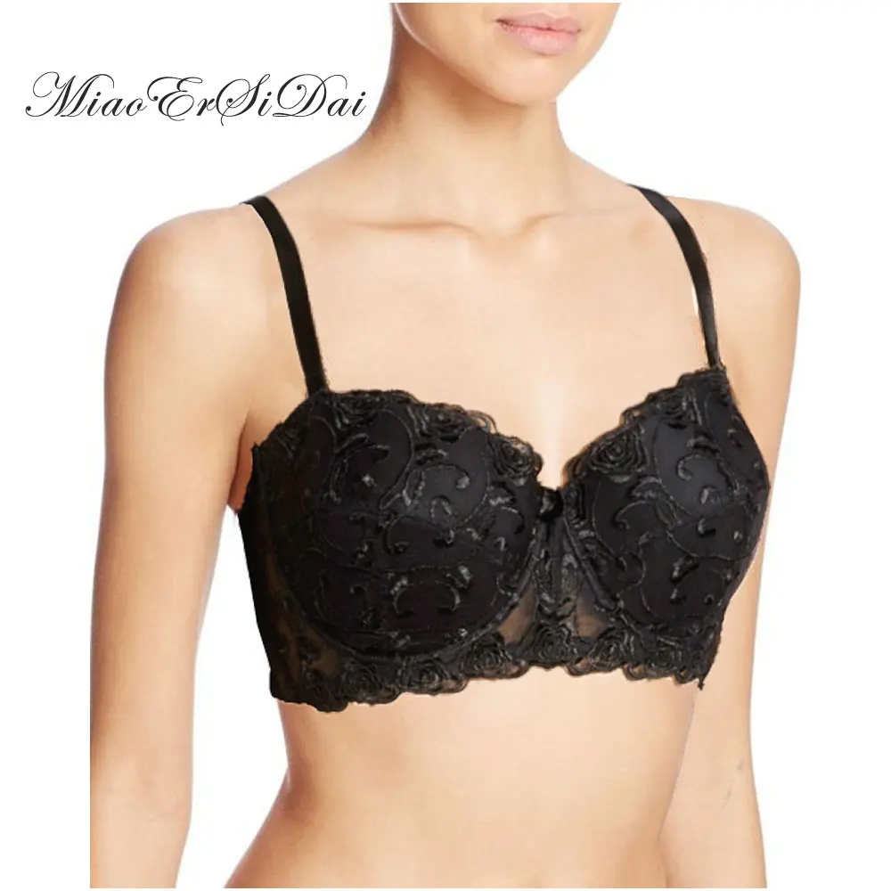 

MiaoErSiDai Embroidery Rose Floral Half Cup Women Bra Black Daily Soutien Gorge Sujetador C D DD DDD E F 36 38 40 42 44 46