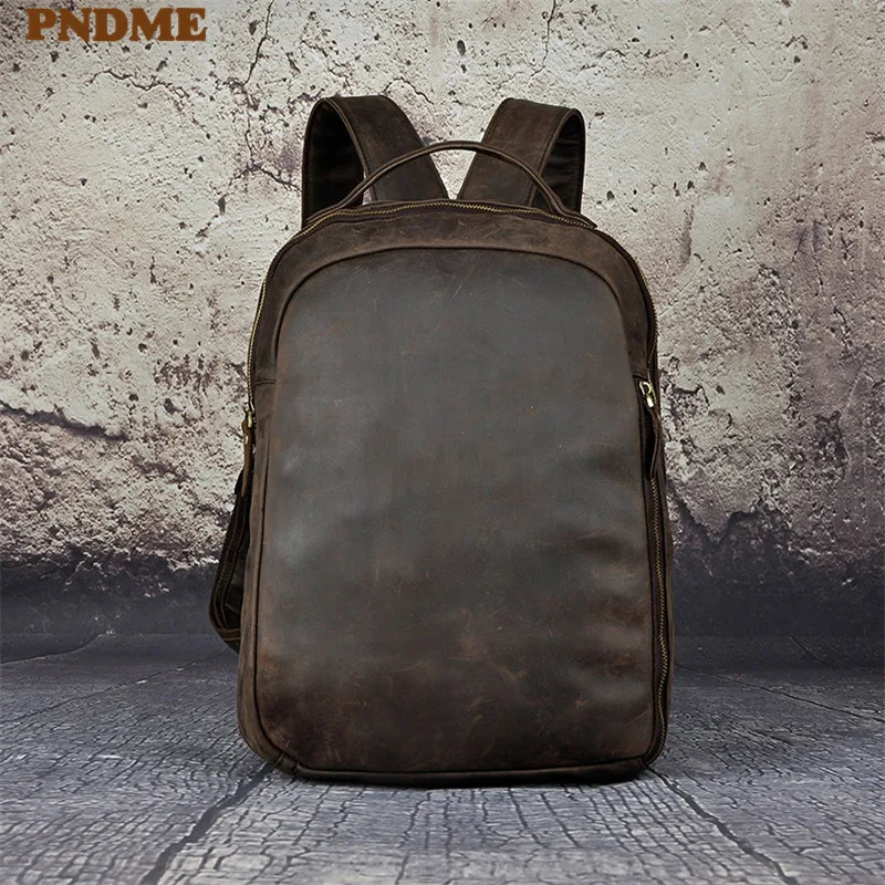 

PNDME crazy horse leather men's backpack simple retro outdoor waterproof travel large capacity genuine leather laptop rucksack
