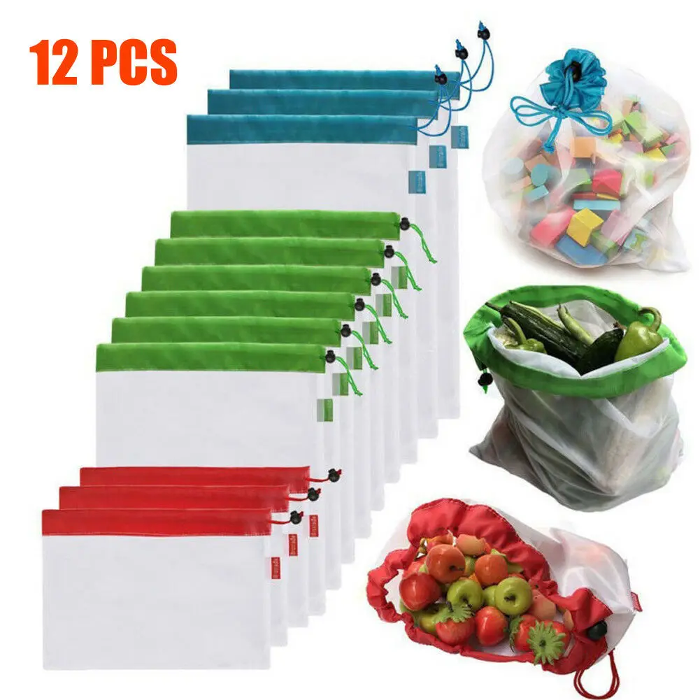 

15 Pack Mesh Reusable Produce Bags Black Rope Vegetable Fruit Toys Storage Pouch Shopping Storage Sundries Organizer Storage Bag