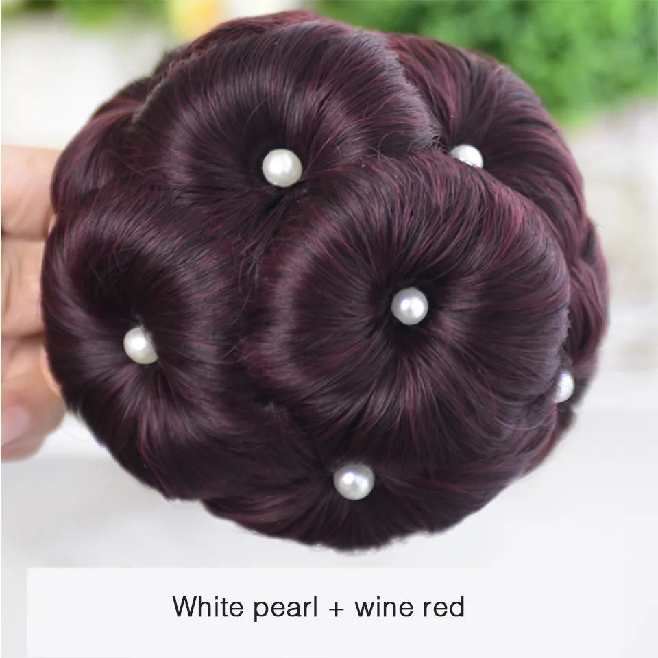 DIFEI волос для женщин жемчуг кудрявый шиньон волос булочка пончик клип в шиньон синтетический высокая температура волокно шиньон - Цвет: White wine red
