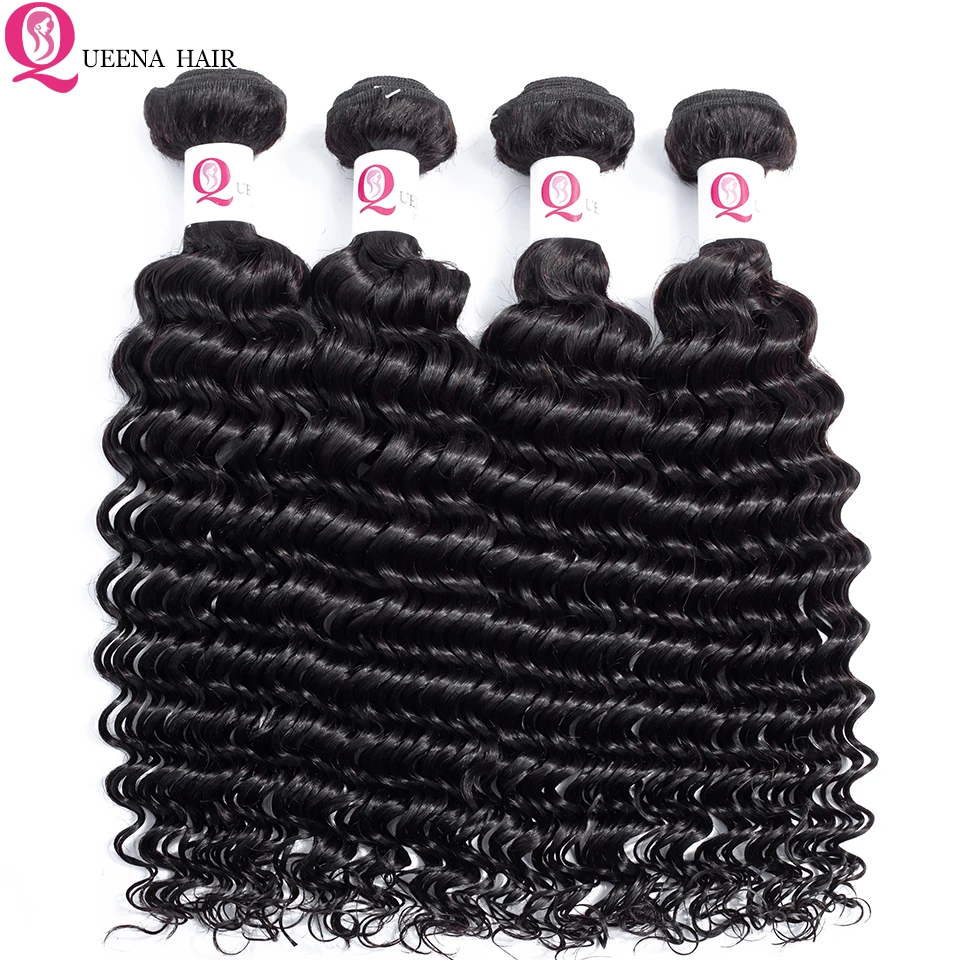 

Top Quality Raw Indian Deep Wave Curly Hair 4 Bundles 100% Indian Human Hair Weave Extensions Queena Hair Products Natural Color