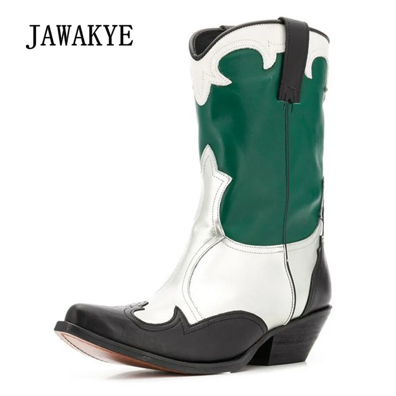 

2019 Chic Retro Ankle Boots Women Pointed Toe Mixed Color Embroidery Med Heel Boots Woman Fashion Martin Boots