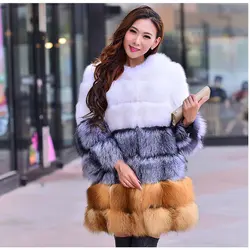 80 см длинные зимние натуральным лисьим мехом пальто новая Дизайн Для женщин вниз серебро с натуральным лисьим мехом пальто натуральной Flufly