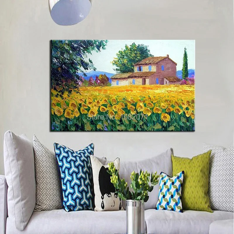 Free Shipping High Quality Natural Landscape For Wall Decoration Canvas Painting Beautiful Sunflower and House Oil Painting