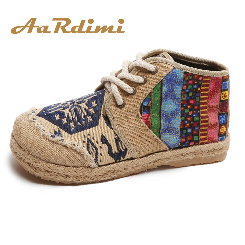 

AARDIMI New Patchwork Embroidered Women Ankle Boots Autumn Cotton Fabric Lace Up Flat Boots For Woman Retro Canvas Shoes