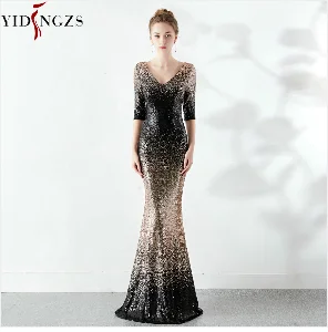 Robe De Soiree элегантные вечерние платья с пайетками YIDINGZS с коротким рукавом длинное вечернее платье YD16116