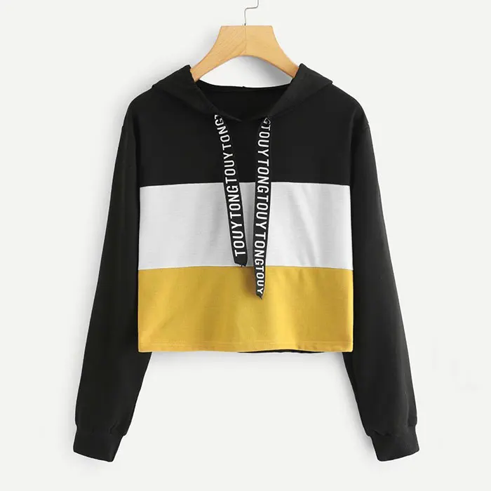 Frieed Womens Long Sleeve Pullover Lace-up Hoodie Striped Sweatshirts Crop Top