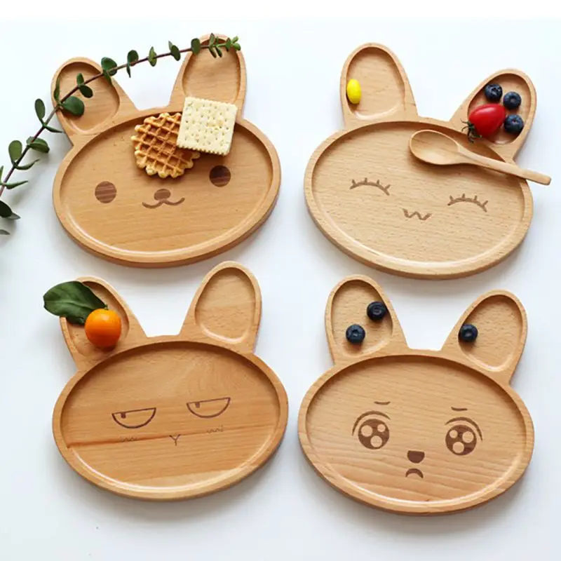 

Cute Kitten Rabbit Elk Face Wood Dinner Plate Kids Cartoon Pattern Food Fruit Dish Tray Child Baby Serving Wood Plates