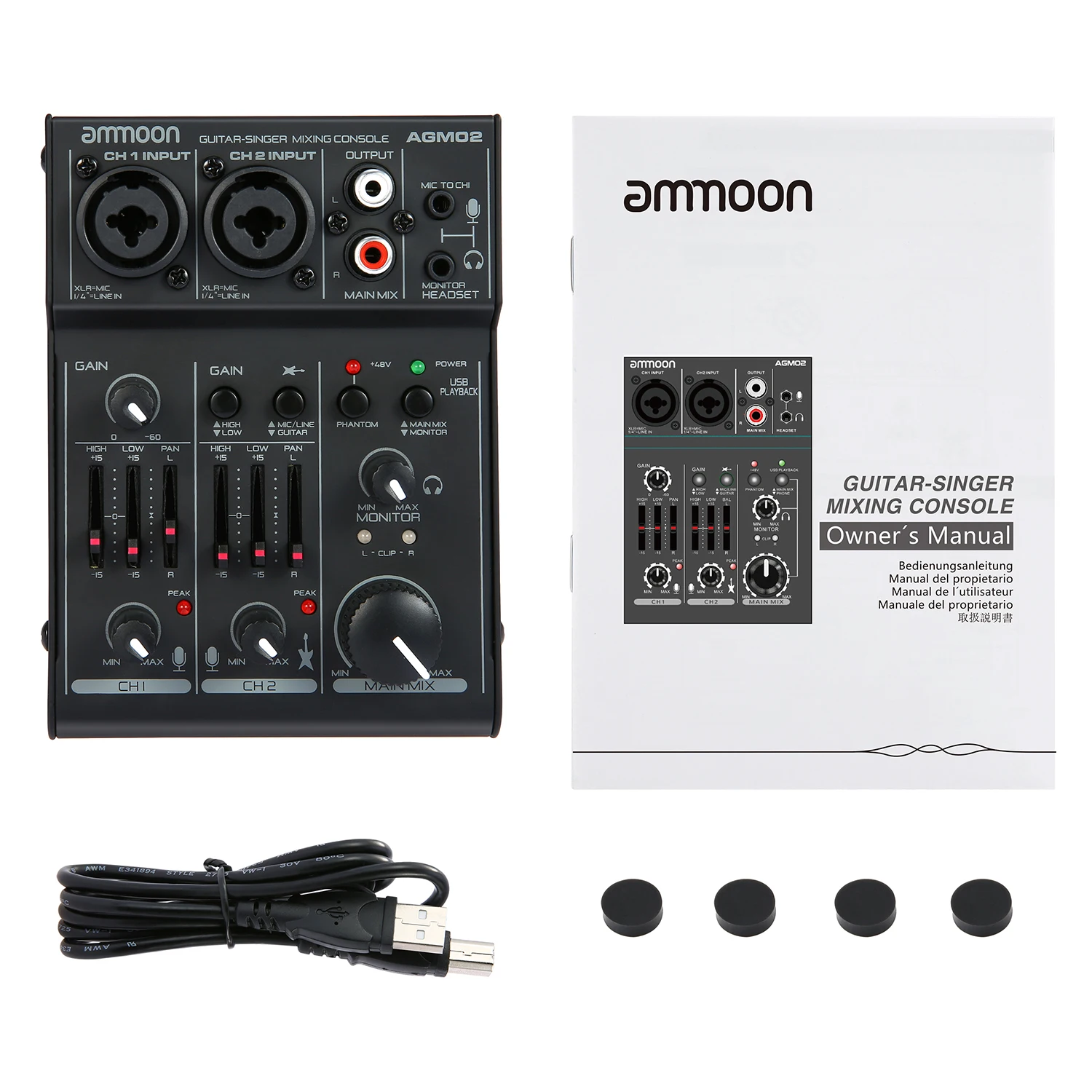 ammoon AGM02 2-Channel Sound Card Mixing Console Digital Audio Mixer 2-band EQ Built-in 48V Phantom Power 5V USB Powered