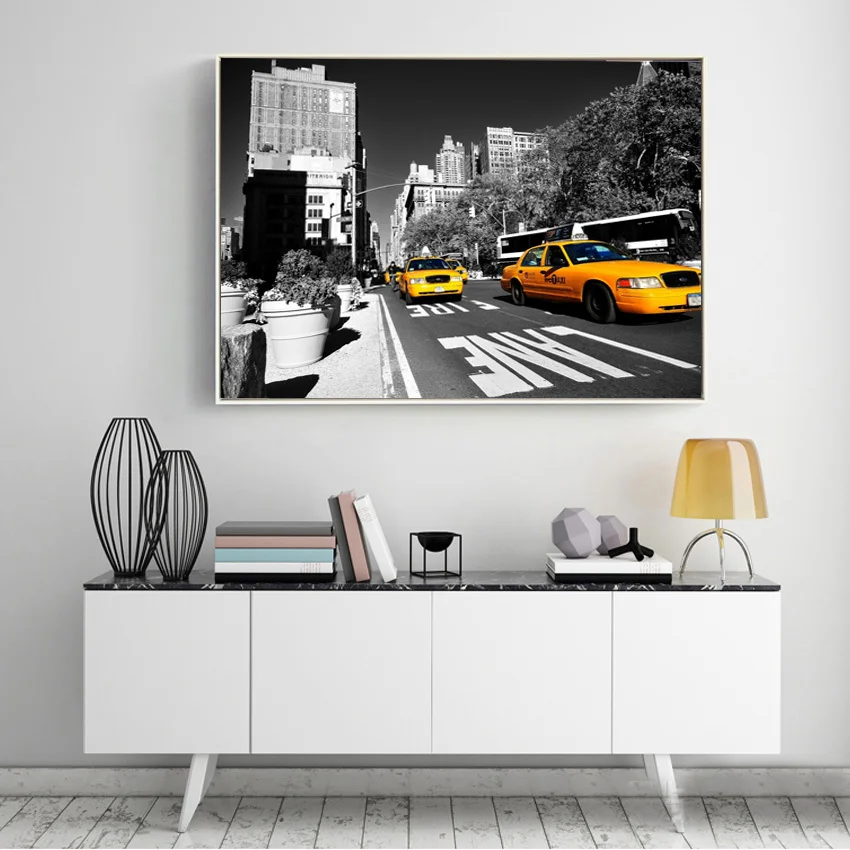 Современные США Нью-Йорке такси желтый Fifth Avenue фотографии автомобилей холсте Home decor Настенная роспись на стене гостиная