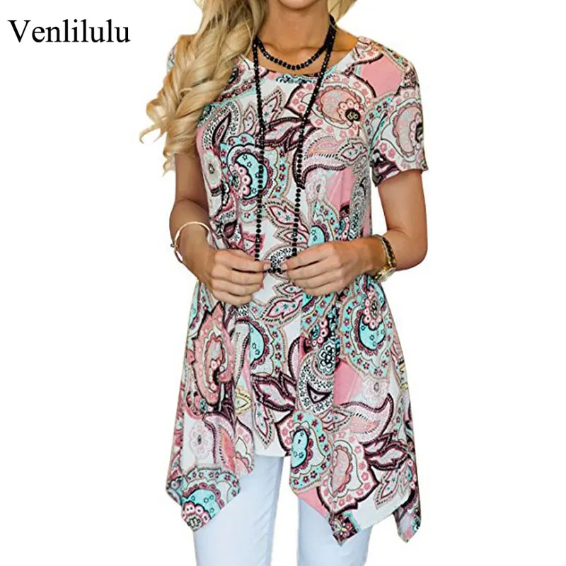 

2019 Summer TShirt Women Short Sleeve Print Floral T Shirts Female Tops Bohemian Summer T-Shirt for Woman TShirts Plus Size