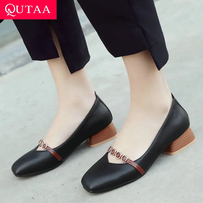 

QUTAA 2019 Square Low Heel Women Shoes Women Pumps Fashion Slip on All Match Pu Leather Casual Balck Ladies Pumps Size 34-43