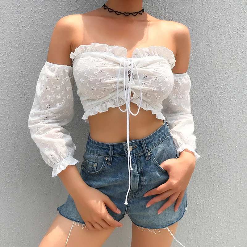 

Korean Sexy Off Shoulder Bandage T shirt Women Cropped Streetwear White Long Sleeve Elegant Tshirts Crop Top Sexy Backless Tops