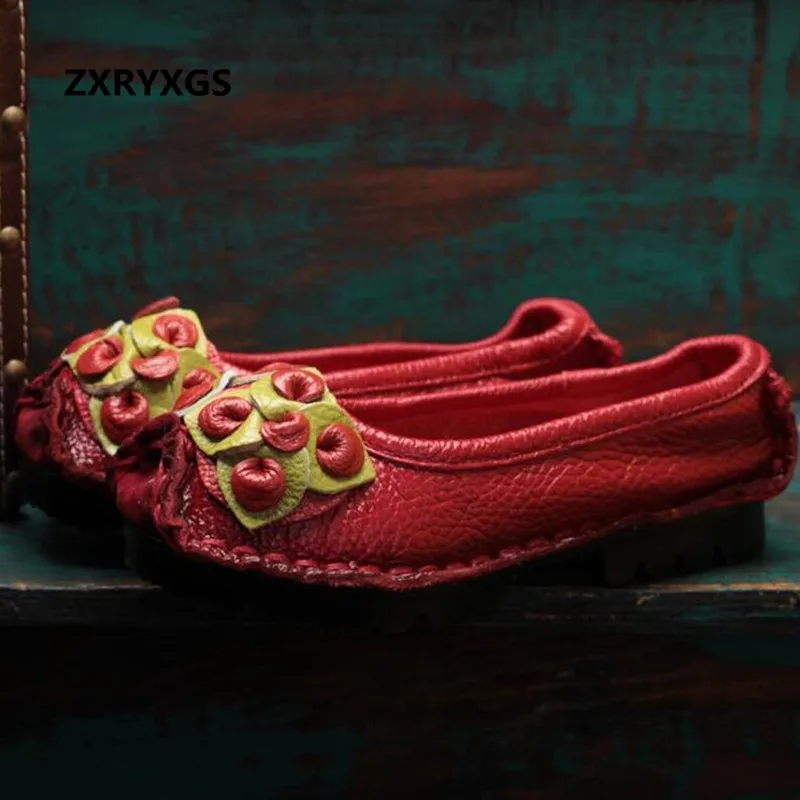 

Original Handmade Retro Flower Cow Leather Shoes 2018 Spring New Elegant Fashion Shoes Women Flats Comfortable Soft Flat Shoes
