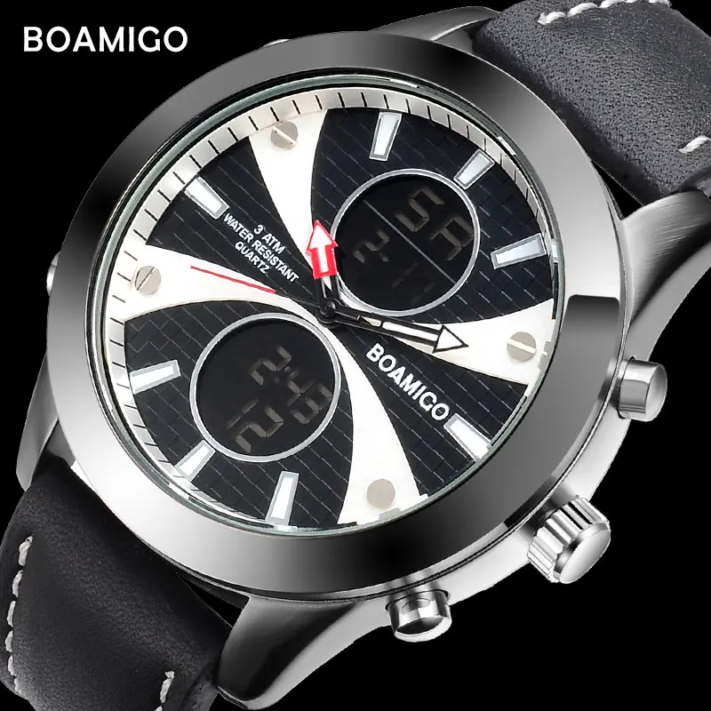 

BOAMIGO Brand Men Sports Watches Fashion Multifunction Digital Watches Brown Leather Wristwatches 30M Waterproof Gift Box Clock